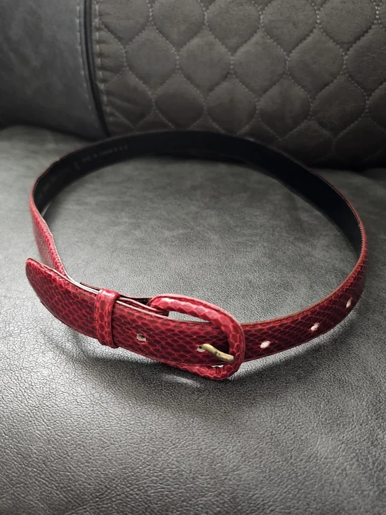 Vintage 1970-1980's Red Genuine-Snakeskin Leather Belt with Gold Buckle