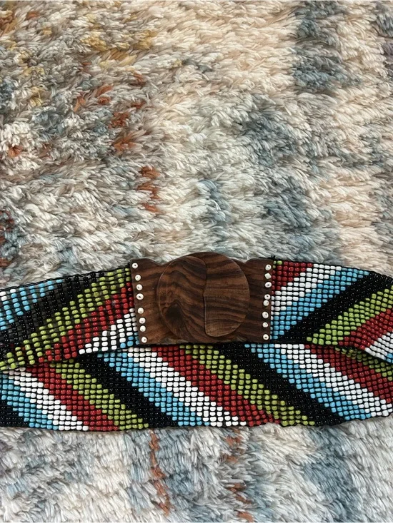 Beaded Multicolor Waist Belt with Wooden Buckle