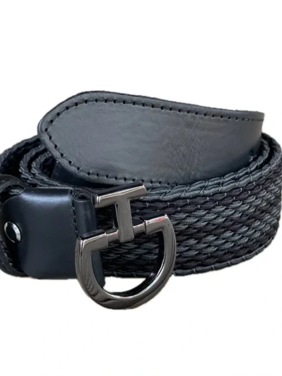 NEVER WORN Women's Black Woven Leather-Trim Belt with Gunmetal Buckle