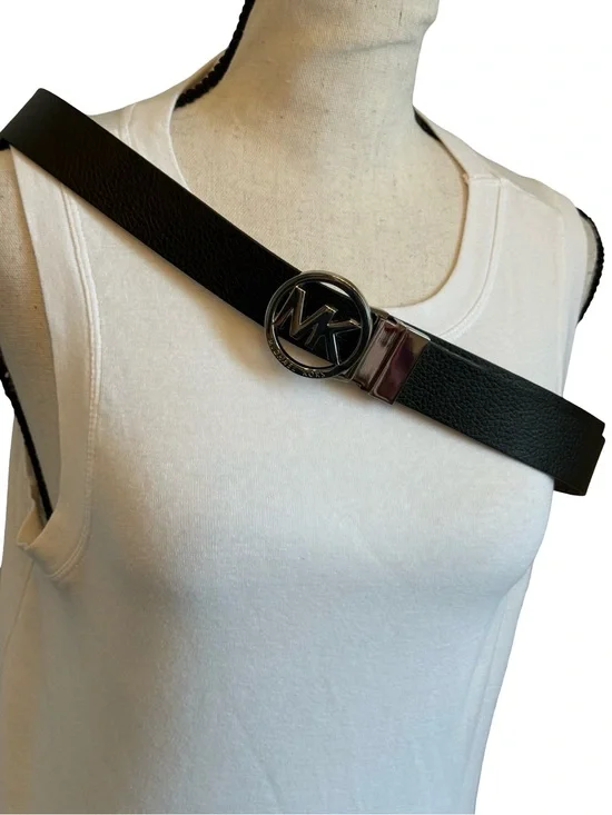 Michael Kors MK Logo Genuine Leather Black Belt Silver Tone Buckle Large 44”