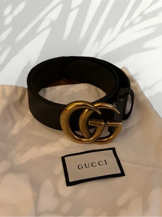 Gucci Black Leather Belt with Gold Double G Buckle