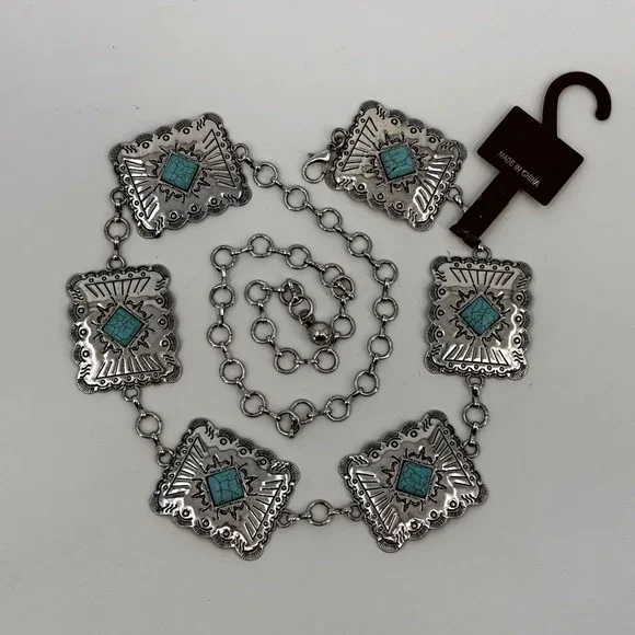 Austin West Concho Chain Belt Women M/L Silver Turquoise Western Boho Adjustable