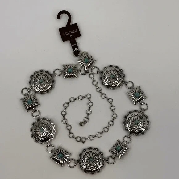 Austin West Concho Chain Belt Women XL Silver Turquoise Southwestern Adjustable
