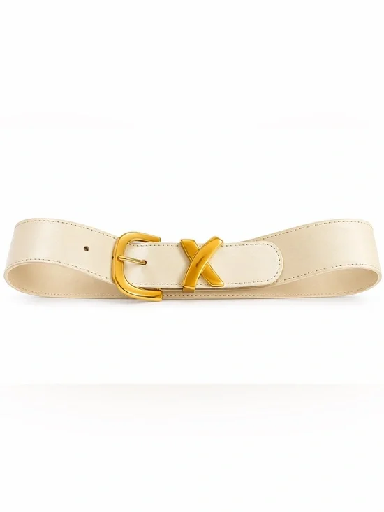 Paloma Picasso Cream Leather Belt Gold Buckle Made in Italy Size S/70