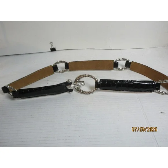 Brighton Black Croc Embossed Patent Leather Link Belt Silver Ornate Hardware 38