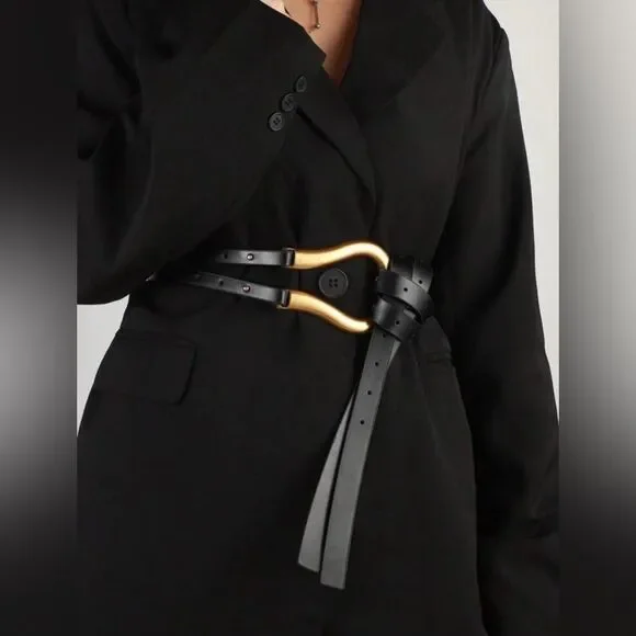 NEW! O/S BLACK Horse-bit  Strappy Belt with Gold Loop Accent