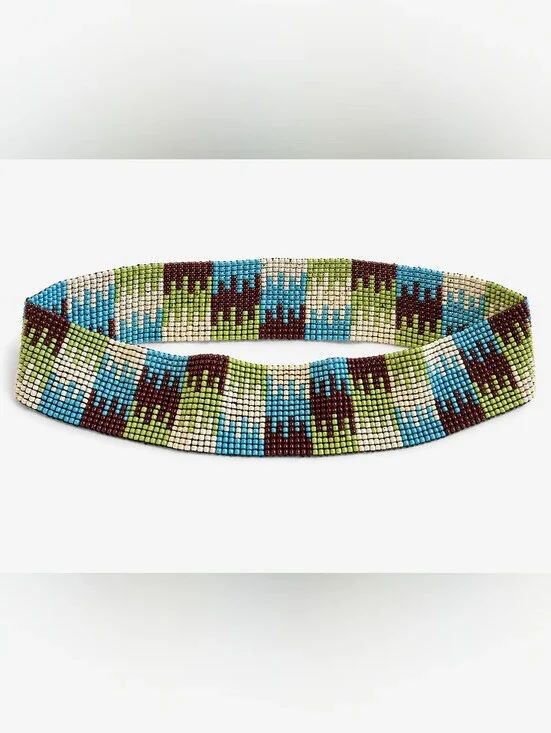 Handmade Loom Beaded Elastic Belt – Southwestern Geometric Pattern