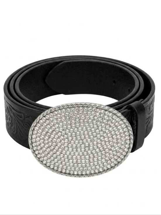 Nine West  Black Leather Belt with Silver Crystal Oval Buckle