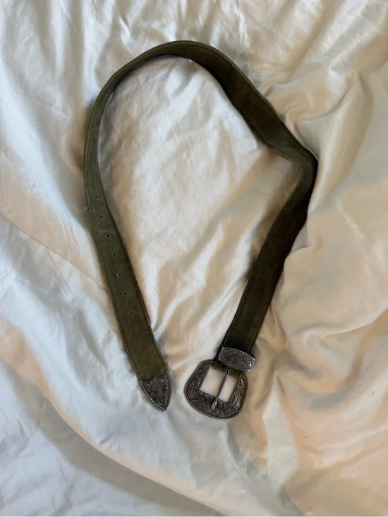 Olive Suede Belt with Decorative Silver Buckle