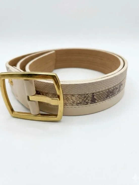 NWT Anne Klein Beige Faux Leather Belt with Gold Buckle and Snake-Print Inlay