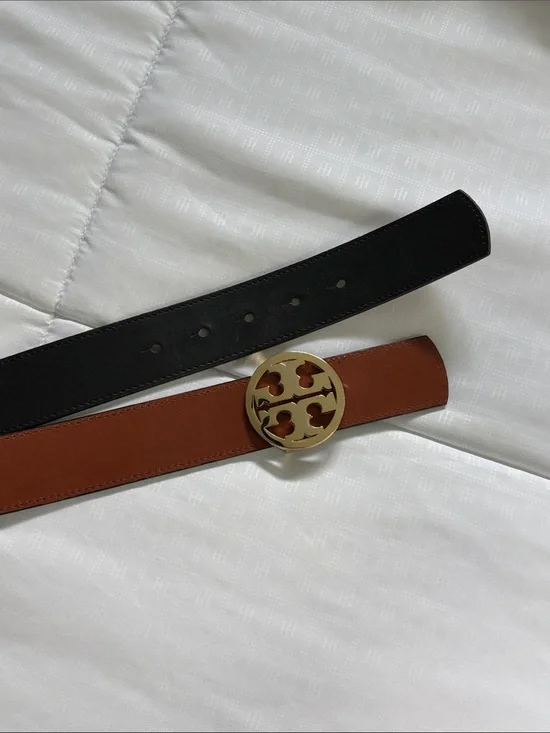 Tory Burch Reversible Black and Brown Leather Belt with Gold Logo Buckle