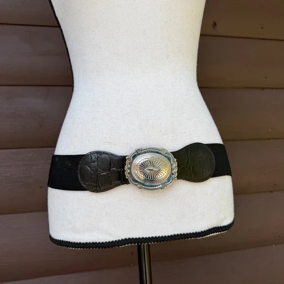 Western Concho Cinch Belt Womens M Black Silver Ornate Buckle Elastic Wide