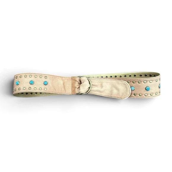 Genuine Italian Leather Turquoise Studded Boho D-Ring Belt Tan Brown Medium