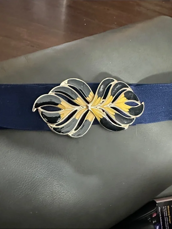 Vintage Navy Elastic Belt with Black and Gold Decorative Buckle