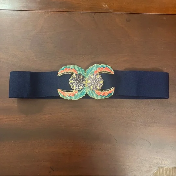 Vintage 1970s-80s Cloisonné Enamel Clasp Buckle with Navy Blue Stretch Blue