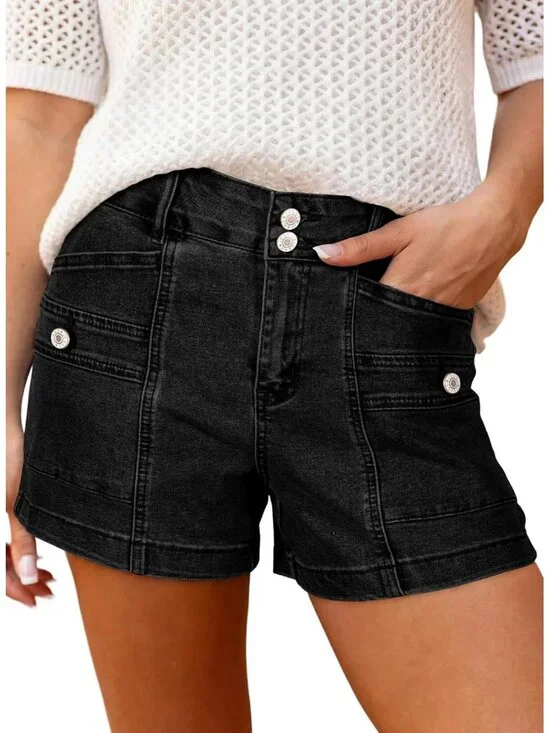Women's Black High Waisted Stretchy Shorts Double Button Denim Jean Shorts