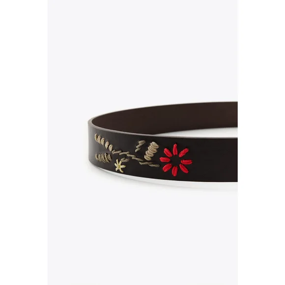 Leather Belt with Floral Embroidery Size 30 US