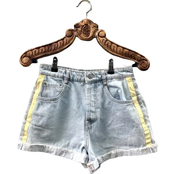 Zara Shorts High Rise Racer Stripe Light Wash Button Fly Rolled Cuff 4