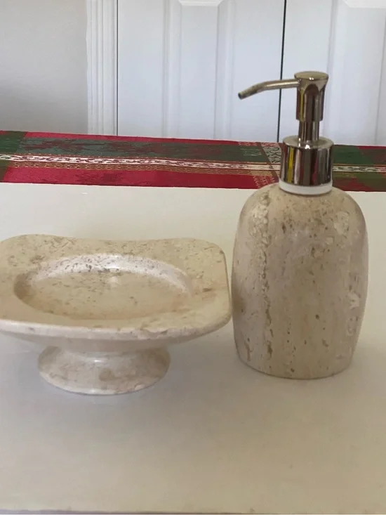 Linen n Things Travertine Neutral Stone Soap Dish and Lotion Soap Dispenser Set
