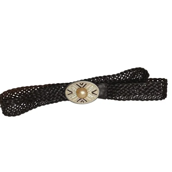 Chicos Brown Woven Leather‎ Belt Womens Oval Beaded Buckle Boho Coastal Cowgirl