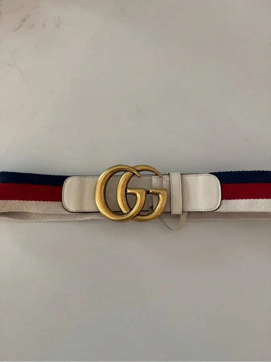 Gucci Cream Leather Belt with Red & Navy Web Stripe and Gold GG Buckle