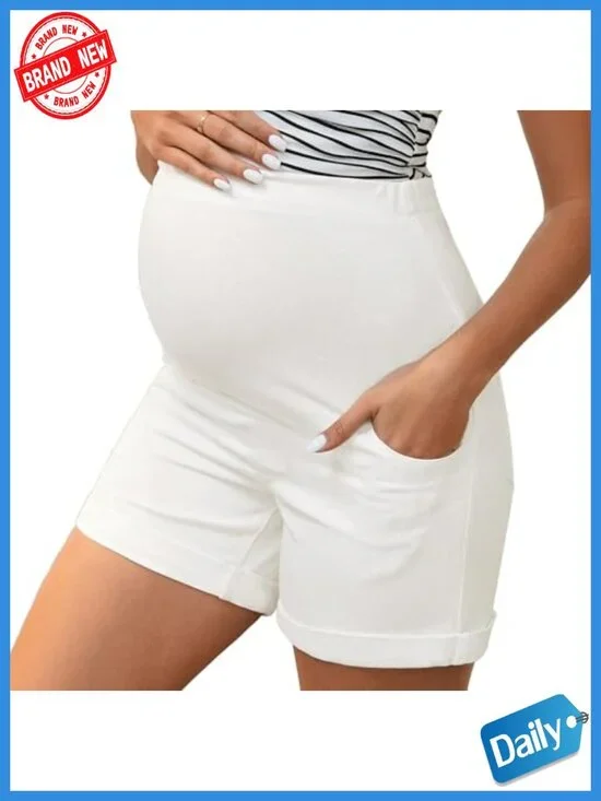 Maternity Jean Shorts Over Belly Stretchy Waist High Rise Denim Shorts