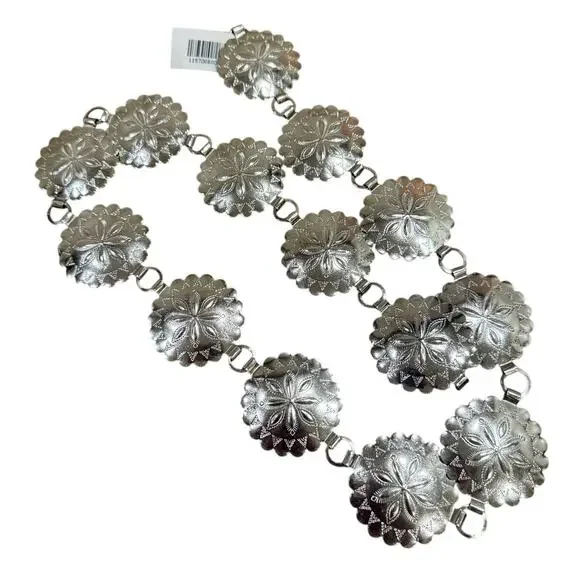 SILVER TONE METAL FLOWER SHAPED CONCHOS & CHAIN LINKS BELT 37” Long Floral