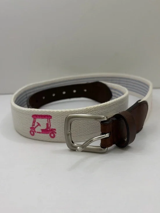 Pink Golf Cart Preppy White Canvas Brown Leather Trim Belt Size Medium