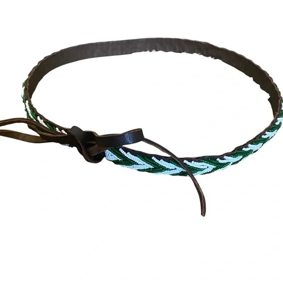 Beaded Leather Belt Sz 30 - Green and White