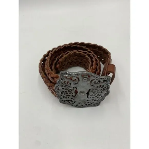 Avignon Women's Leather Cross Weave Patterned Buck Buckle Brown‎ Belt