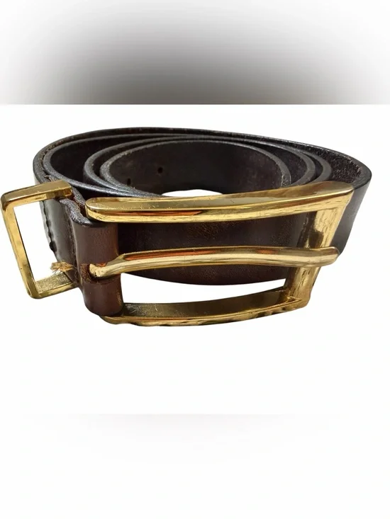 Vtg Brown Leather Belt with Gold-Tone Double Bar Buckle 43”