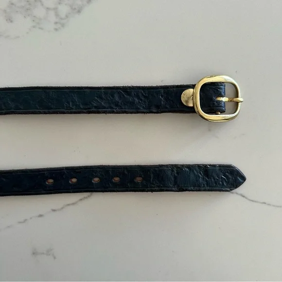 Vintage Textured Leather Medium Leather Belt Gold Tone Oval Buckle Navy Blue S