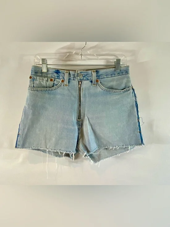 RE/DONE Levis Reconstructed Front Zip High Waisted Distressed Shorts, Size 27