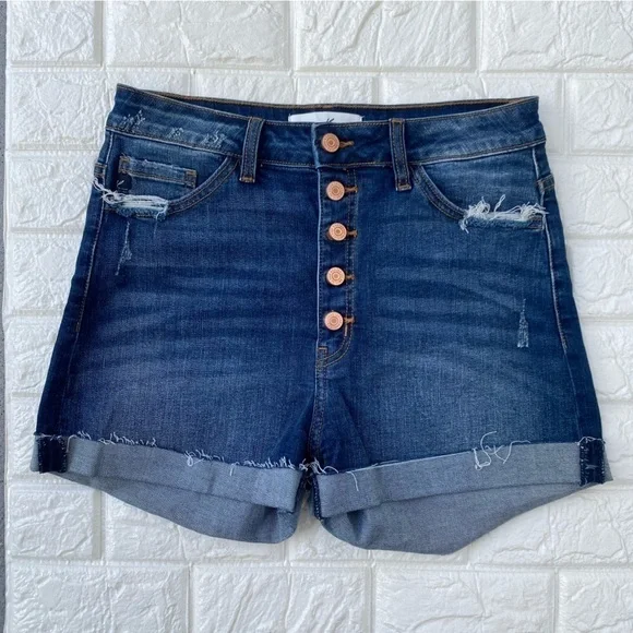 KanCan Women's Distressed Denim Button Fly High Rise Cutoff Shorts large