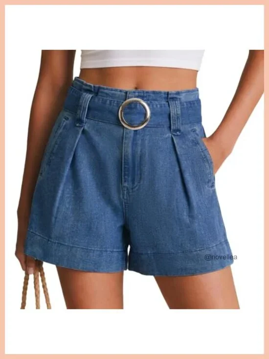 Women's High Waisted Wide Leg Jean Shorts with Belt Pleated Stretchy Casual