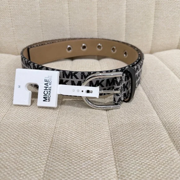 NEW Michael Kors Womens‎ Signature Monogram Grommet Belt Black White Medium