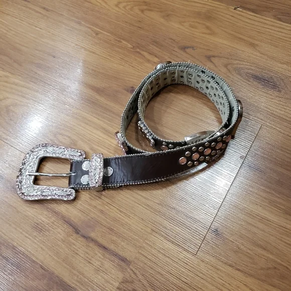 Studded Pink Rhinestone Bling Buckle Brown Leather Belt! Medium