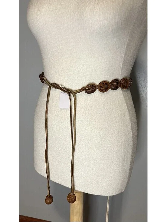 Vintage 1970s Leather tie belt handcrafted black walnut shells 57” Boho Hippie