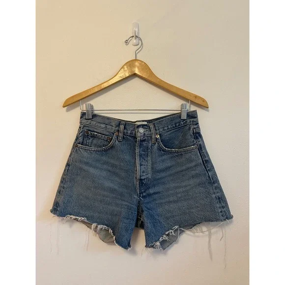 AGOLDE Parker Long High Rise Denim Jean Shorts in Medium Wash Blue | Size 25