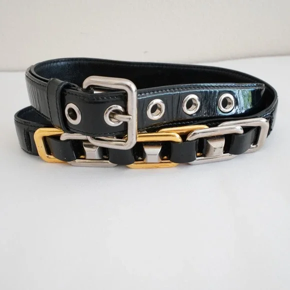 Miu Miu Patent Leather Chain Link Belt Womens S Black Statement Designer Thin