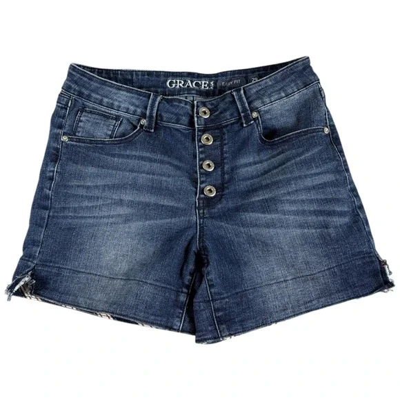 Grace in LA Denim Shorts Women 29 Blue Distressed Buttonfly Midrise Relaxed Y2K