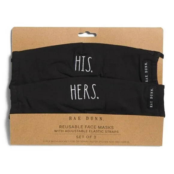 Rae Dunn His Hers Reusable Face Masks‎ Black NEW