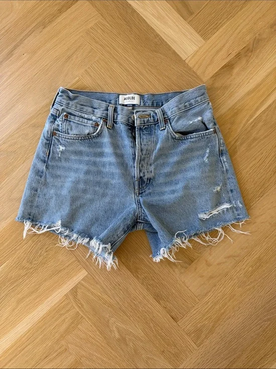 Agolde Light Blue Parker Long Frayed Hem Denim Cutoff Shorts