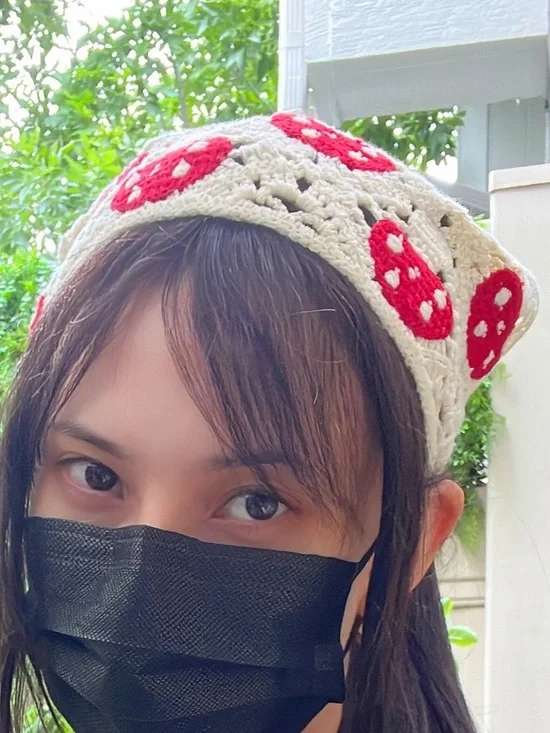 Handmade Cream Headband with Red Mushroom Motifs