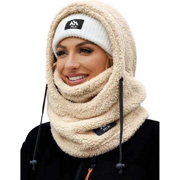 Women's Beige Winter Face Masks Windproof Scarf Cold Weather Hat Neck Warmer