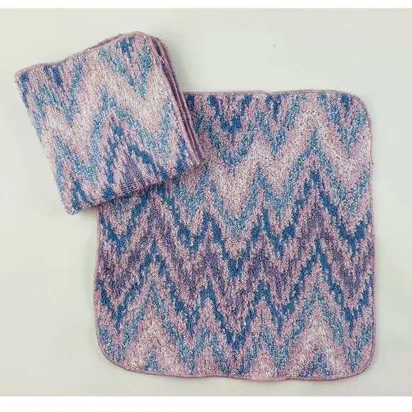 2 Vintage Royal velvet Fieldcrest washcloths rags Pastel pink blue Waves Zig zag