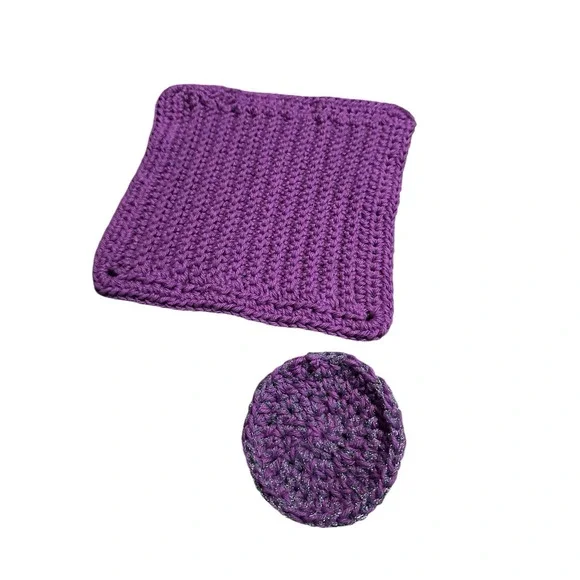 NEW handmade‎ crochet purple cotton wash cloth with dish scrubbie