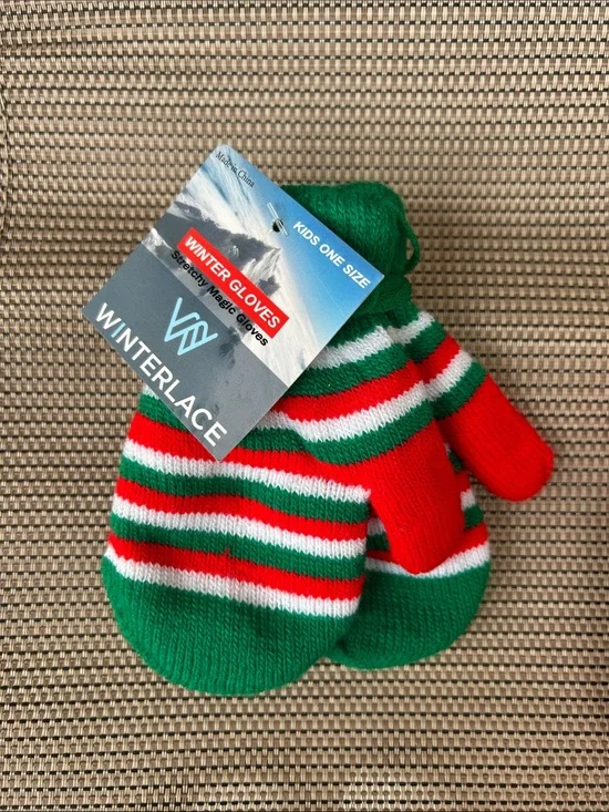 Winterlace Kids' Striped Knit Mittens - Green/Red/White