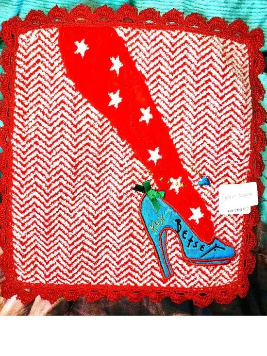 Vintage Betsey Johnson Wash Cloth Blue Dress Shoe Red Star Tights Crochet Towel