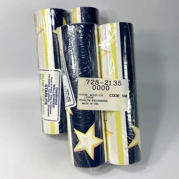 Lot 4 Rolls Vintage Starlite Glow in Dark Star Blue Stripe Wallpaper Border 20yd